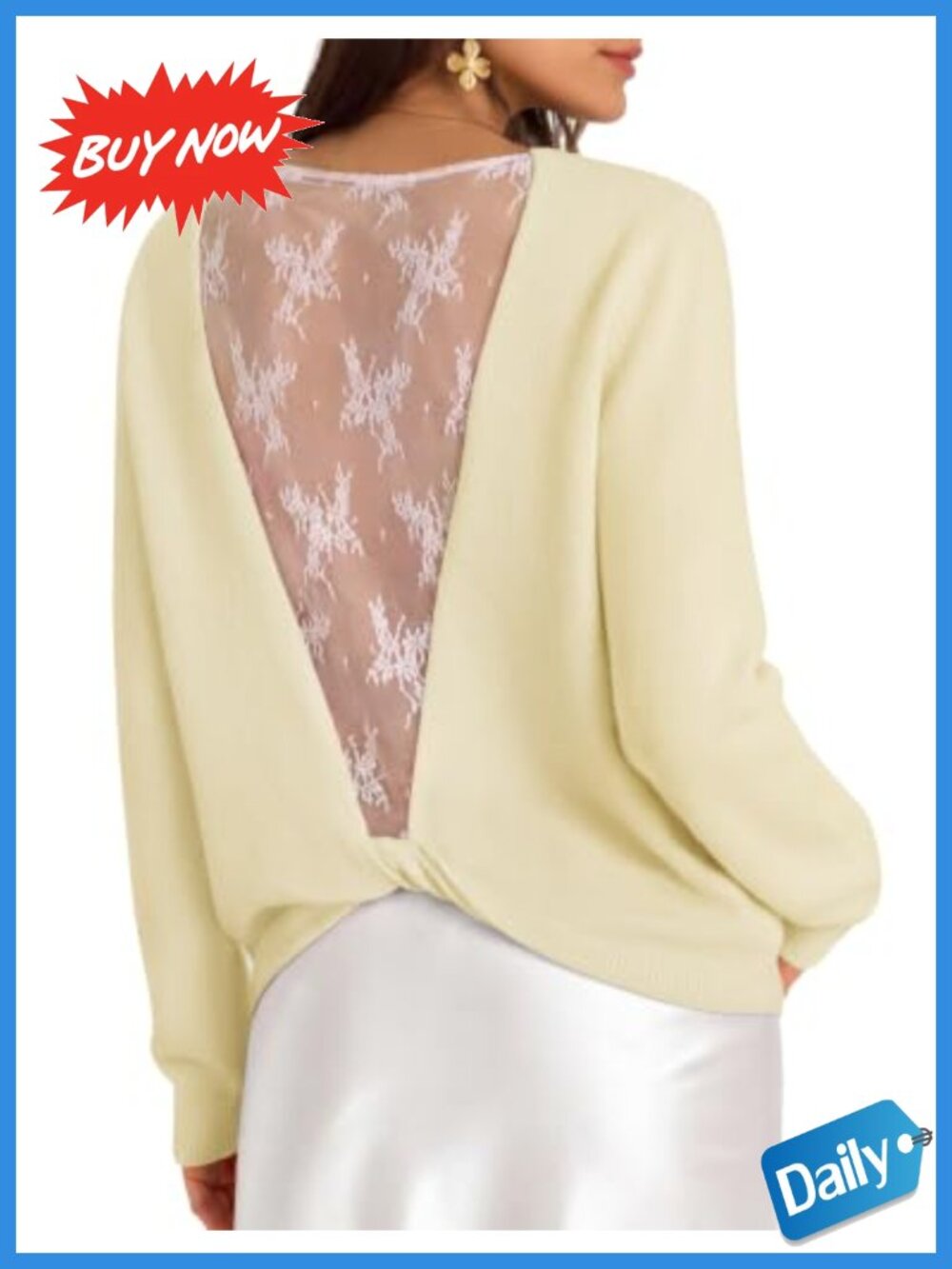 Lace Back Long Sleeve Crew Neck Knit Sweater Pullover